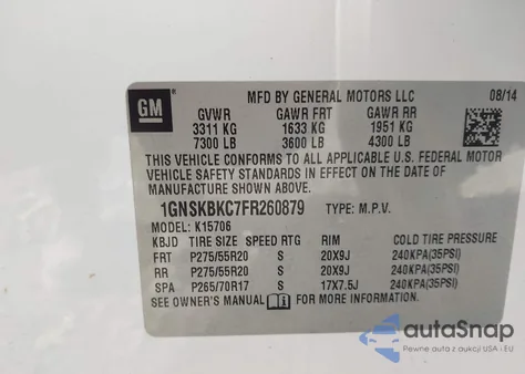 2015 Chevrolet Tahoe Lt z USA, uszkodzony, nr VIN 1GNSKBKC7FR260879